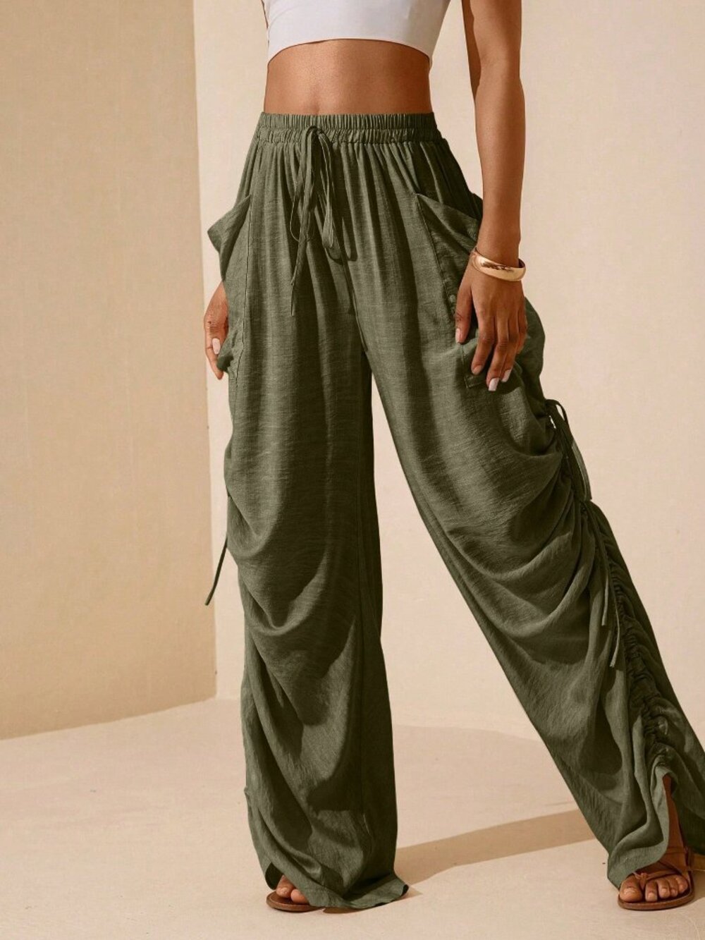 Olive Green Casual Women's Side Ruched Drawstring Pocket Pants - Picture 6 of 7